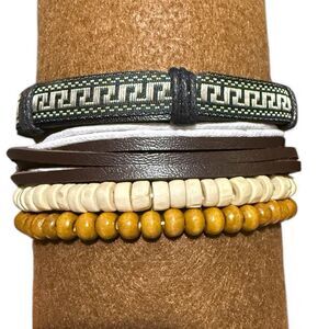 Boho Bracelets - Mixed 4 Piece Set - Adjustable Stackable- Black Silver Tapestry